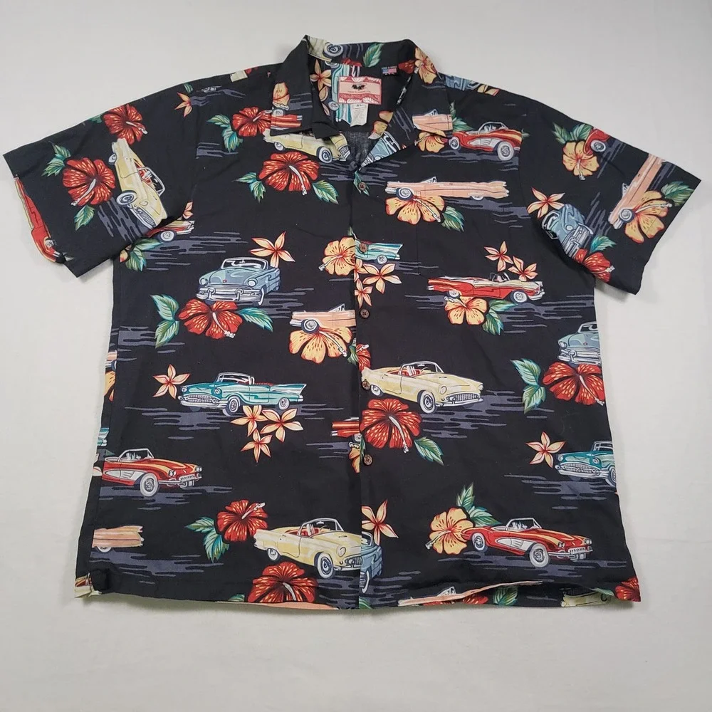 RJC 102C Hawaiian Shirt Mens XL Black Classic Car Hibiscus Cotton Aloha Made USA